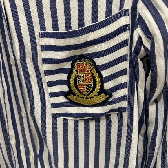 Zara Womens Size Small Stripe Button Down Shirt Nautical Crest Patch Long Sleeve - Picture 2 of 13